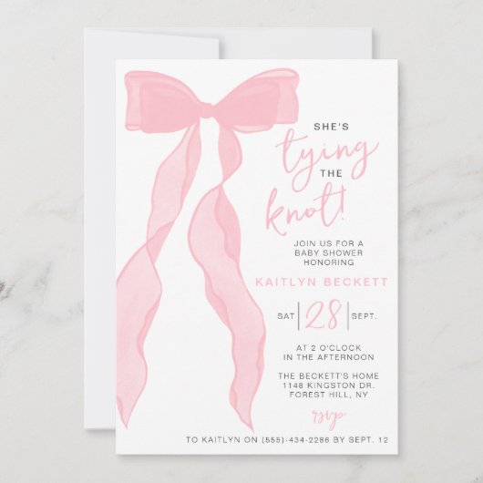 Tying The Knot Elegant Pink Bow Bridal Shower 招待状 (正面)