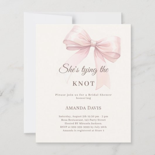 Tying the knot pink bow Bridal Shower invitation (正面)
