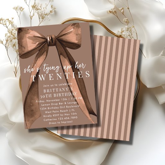 Tying Up My 20s Brown Coquette Bow 30th Birthday 招待状