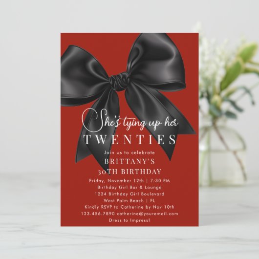 Tying Up My 20s Deep Red Black Bow 30th Birthday 招待状 (スタンド正面)