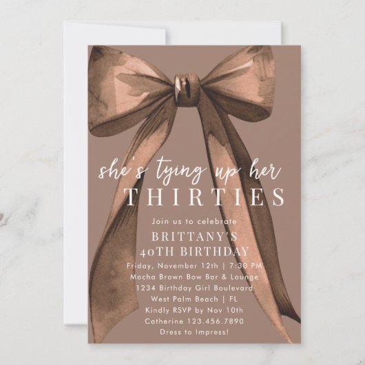 Tying Up My 30s Brown Coquette Bow 40th Birthday 招待状 (正面)