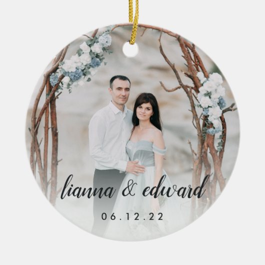Typeエレガントパーソナライズされた 結婚の写真 セラミックオーナメント (正面)