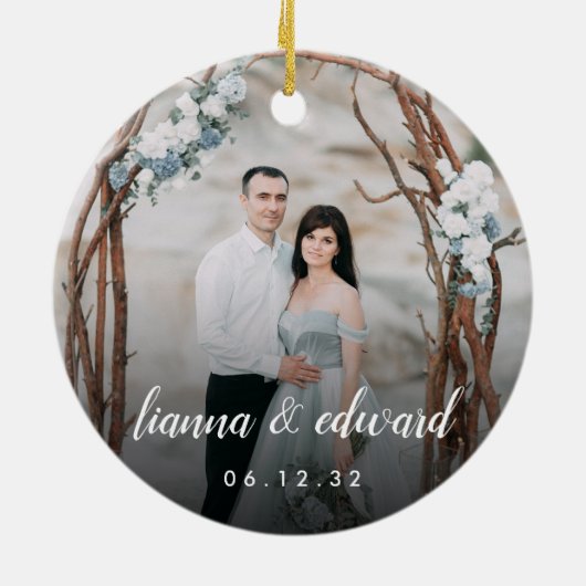 Typeエレガントパーソナライズされた 結婚の写真 セラミックオーナメント (裏面)
