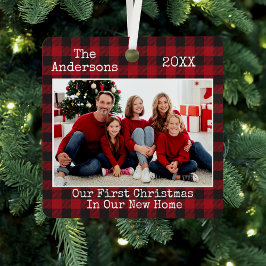 Typewriter Text Plaid First Christmas New Home メタルオーナメント
