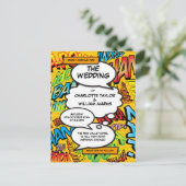 Typographic Designerモダンおもしろい漫画結婚 インビテーションポストカード (スタンド正面)