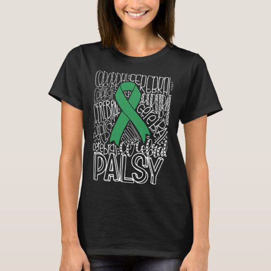 Typography Green Ribbon Cerebral Palsy CP Awarenes Tシャツ (正面)