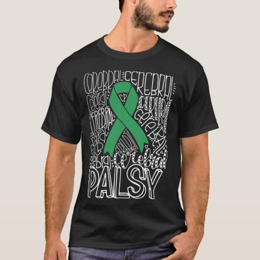 Typography Green Ribbon Cerebral Palsy CP Awarenes Tシャツ (正面)