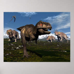 Tyrannosaurus rex attacked by triceratops dinosaur ポスター