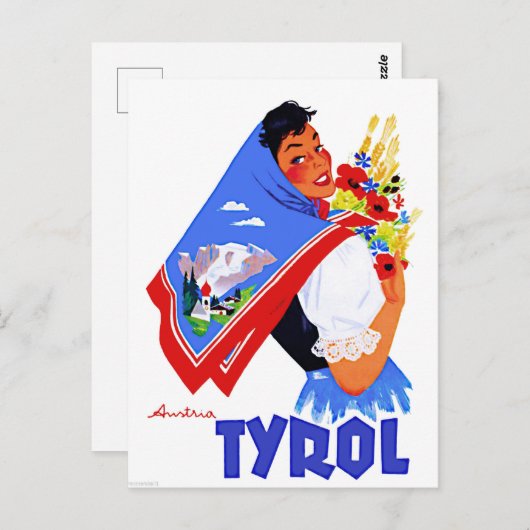Tyrol，オーストリア。花とスカーフを持つ絵を描女性 ポストカード (正面/裏面)