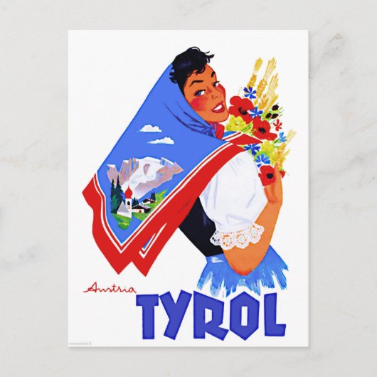 Tyrol，オーストリア。花とスカーフを持つ絵を描女性 ポストカード (正面)