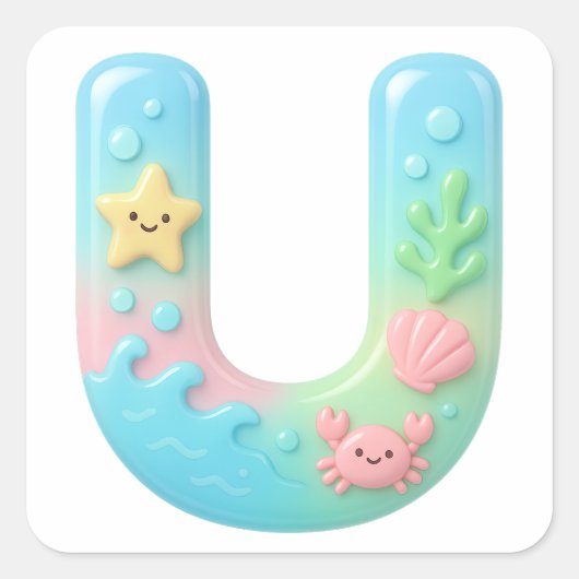 "U" かわいい文字 - 水中海の生き物 スクエアシール (正面)