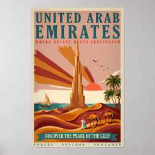 UAEラクダ ブルジュ・ハリファ イラスト 旅行アート ポスター