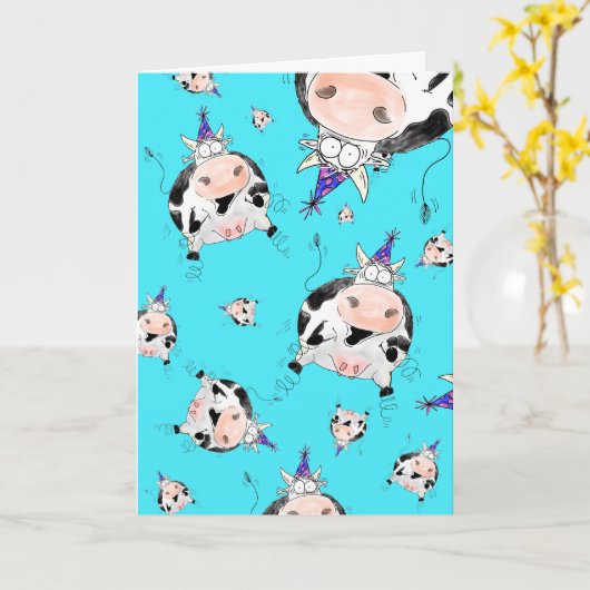 Udder-ly驚くべき漫画の牛の誕生日カード カード (黄色い花)