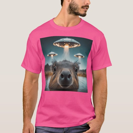 Ufoおもしろいとのキャピバラ・セルフィー風変わり Tシャツ (正面)