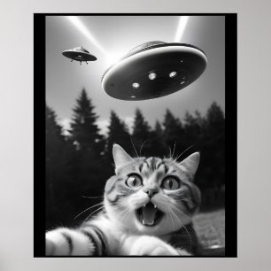 UFOおもしろいエイリアンの猫セルフィー ポスター