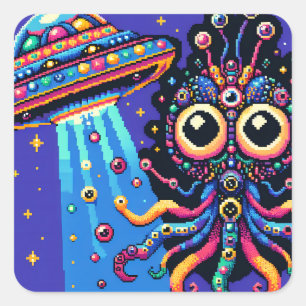 UFOとエイリアンピクセルアート スクエアシール