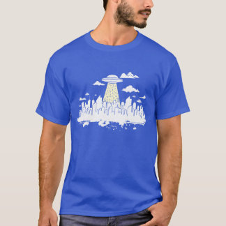 UFOとシティスカイラインのシルエット 少年 Tシャツ