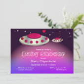 UFOとベビーUFOマゼンタ紫|ベビーシャワー 招待状 (スタンド正面)