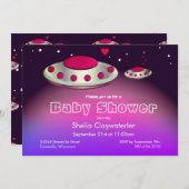 UFOとベビーUFOマゼンタ紫|ベビーシャワー 招待状 (正面/裏面)