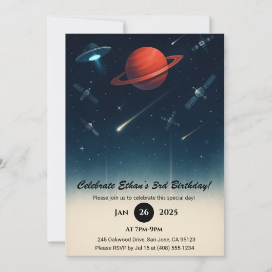UFOと宇宙ステーションの銀河イラスト 誕生日 招待状 (正面)