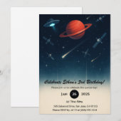 UFOと宇宙ステーションの銀河イラスト 誕生日 招待状 (正面/裏面)