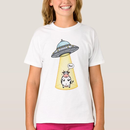 UFOにさらわれる牛のキャラクター 子供用 Tシャツ (正面)