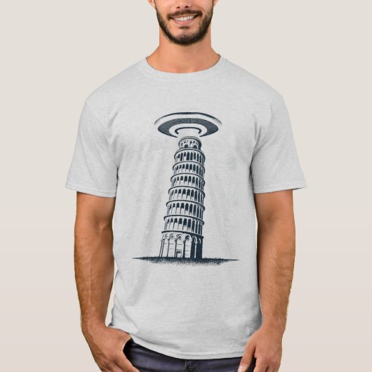 UFOに傾く塔 - 変わった楽しいエイリアンとの遭遇 Tシャツ (正面)