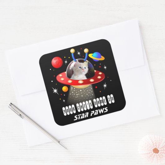 UFOのサイエンスフィクションシーンで猫の名前と写真 スクエアシール (封筒)