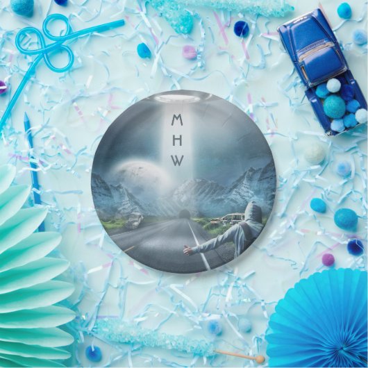 UFOのヒッチハイカーのカスタムなモノグラムの紙皿 ペーパープレート (パーティー)