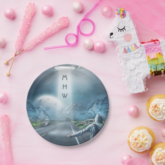 UFOのヒッチハイカーのカスタムなモノグラムの紙皿 ペーパープレート (パーティー)