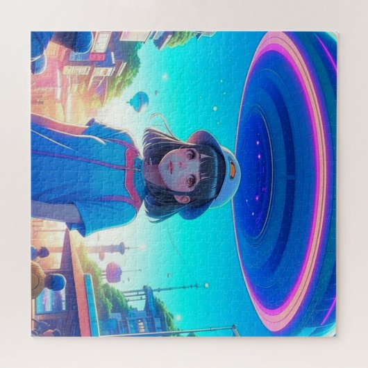 UFOの下の街で活躍するアニメガール ジグソーパズル (横)