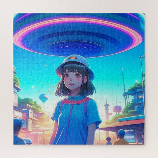 UFOの下の街で活躍するアニメガール ジグソーパズル (縦)