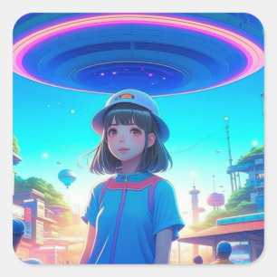 UFOの下の街で活躍するアニメガール スクエアシール