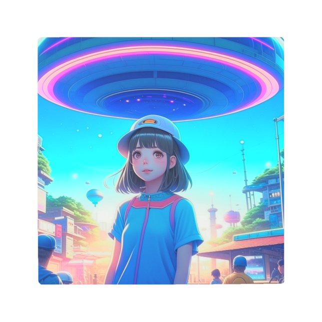 UFOの下の街で活躍するアニメガール メタルプリント (正面)