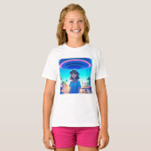 UFOの下の街で活躍するアニメガール Tシャツ (正面フル)