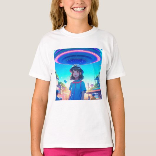 UFOの下の街で活躍するアニメガール Tシャツ (正面)