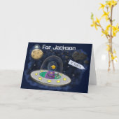 UFOの魚の宇宙船の漫画イラストレーション カード (黄色い花)