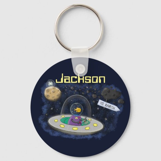 UFOの魚エイリアン宇宙船の漫画イラストレーション キーホルダー (正面)