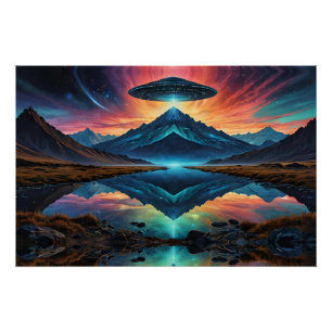 UFOは山とカラフル湖を覆っている ポスター