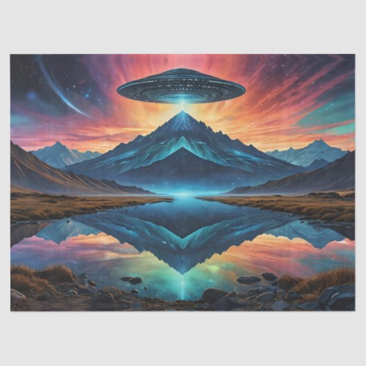 UFOは山とカラフル湖を覆っている 薄葉紙 (正面)