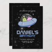 UFOエイリアン誕生日パーティーアウタースペース誕生日 招待状 (正面/裏面)