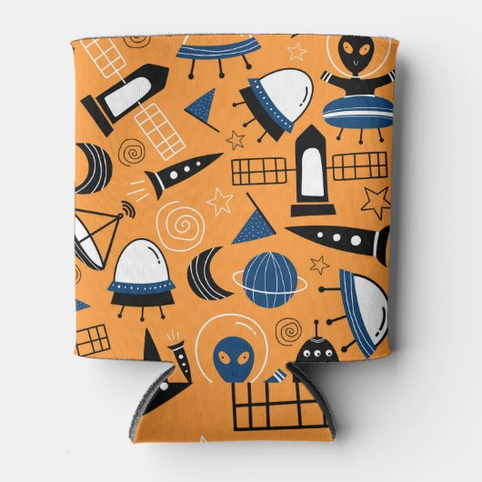 UFOエイリアン、宇宙船、子供のパターン 缶クーラー (正面)