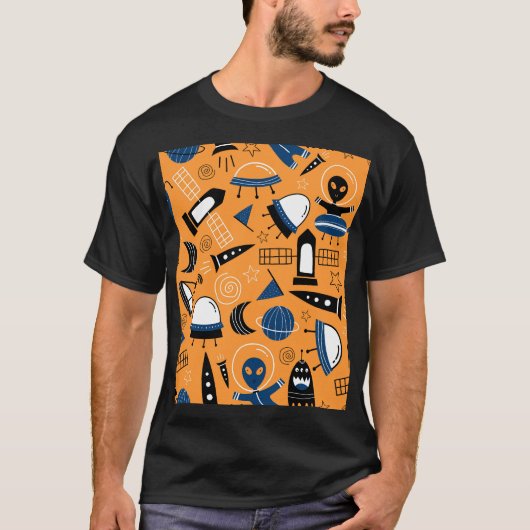 UFOエイリアン、宇宙船、子供のパターン Tシャツ (正面)