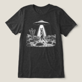 UFOエイリアン+猫誘拐 レトロ木版画 トライブレンドTシャツ
