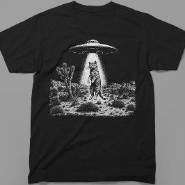 UFOエイリアン+猫誘拐 レトロ木版画 Tシャツ