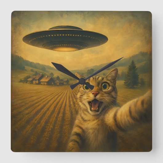 UFOキャットギフト付きエイリアンおもしろい自撮り スクエア壁時計 (正面)