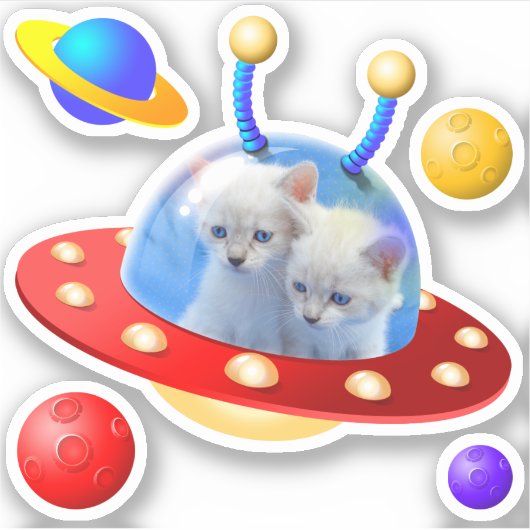 UFOソーサーが登場する、かわいい双子の猫飛んでいるたち シール (正面)