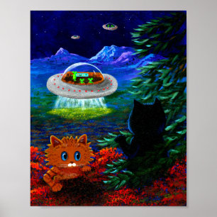 UFOソーサー飛んでいるブラックおもしろいキャットオレンジ虎猫 ポスター