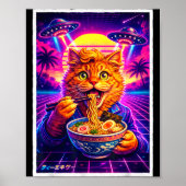 UFOラーメン猫のミーム レトロシンセウェーブ 80年代グラフィック ポスター (正面)