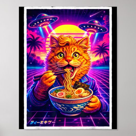 UFOラーメン猫のミーム レトロシンセウェーブ 80年代グラフィック ポスター (正面)
